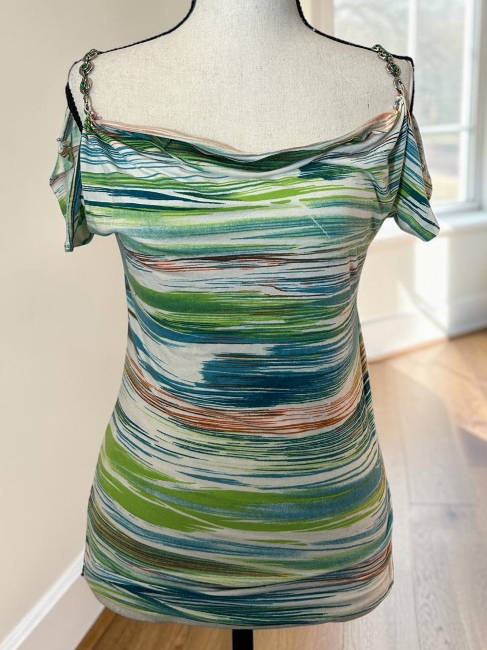 Vintage Y2K Initio Cold Shoulder Top Striped Abstract Bling Ring Made In USA S